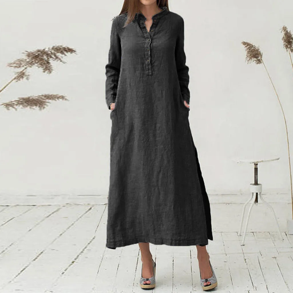 

Long Sleeve Shirt Dress 2019 Women Summer Boho Kaftan Cotton Linen Plain Maxi Long Dresses Casaul Ladies Solid Dress Vestidos