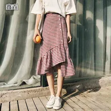 Модная клетчатая высокая талия юбки шикарные однобортные повседневные юбки шорты элегантная винтажная Асимметричная юбка русалки