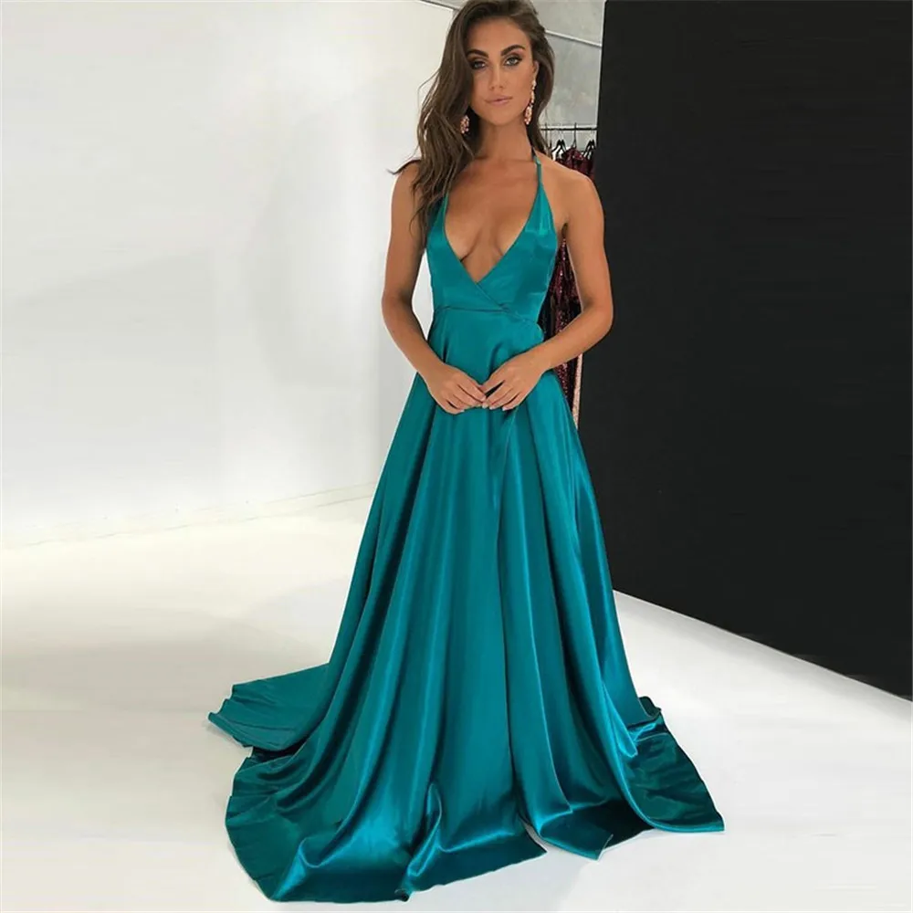 

Sexy Blue Satin Evening Dress Halter Backless A Line Sweep Train Long Formal Dresses 2019 Simple Wedding Party Gowns Cheap