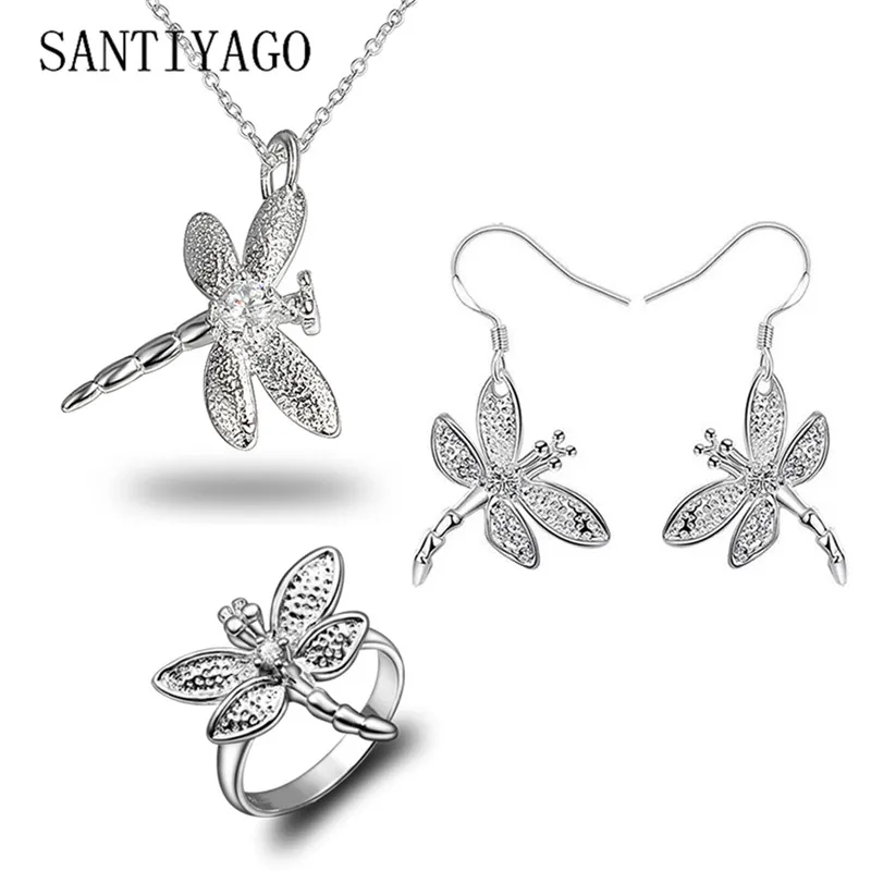 SANTIYAGO 2018 новинка женская серебряная цепочка с стрекозой кольцо и серьги набор