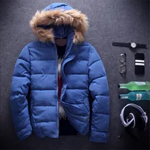 2015 Hot New Men’s Solid Color Fur Collar Down Jacket Thick Solid Color Hooded Men’s Jacket men’s Winter Fashion Personality