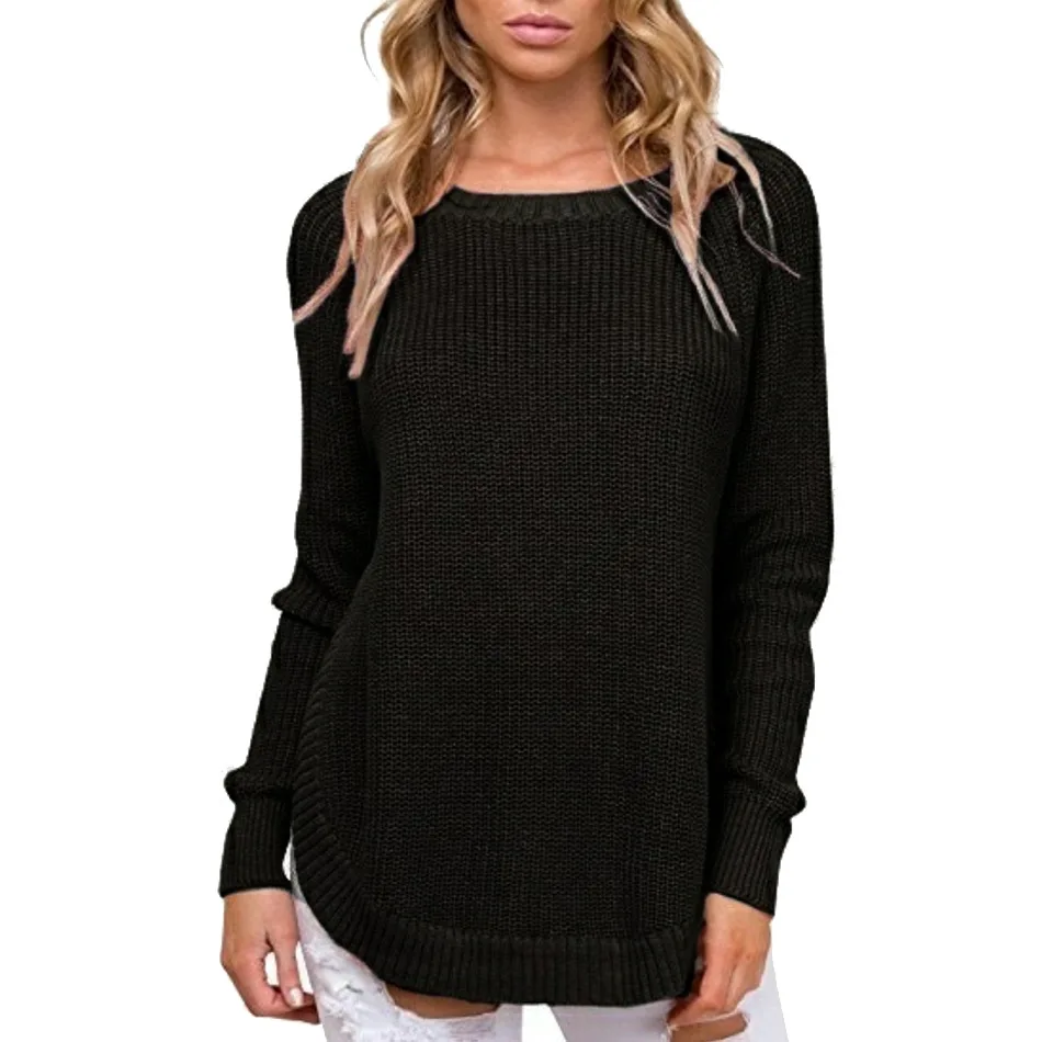 New Hot Women Autumn Winter Fashion Side High Slit O Neck Knitted Sweater Ladies Basic Casual Warm Solid Color Long Sleeve Pul |