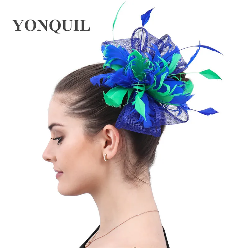 Royal Blue With Green Bride Women Fascinator Hat Elegant Ladies Show Headwear With Hair Clip Bridal Wedding Hair Accessories