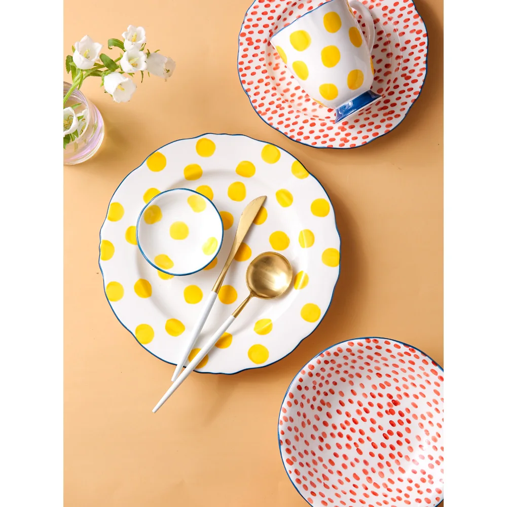 Керамические обеденные тарелки в японском стиле, наборы тарелок и тарелок, креативная тарелка для салата, миска для супа с двумя ушками, тарелка для завтрака и торта