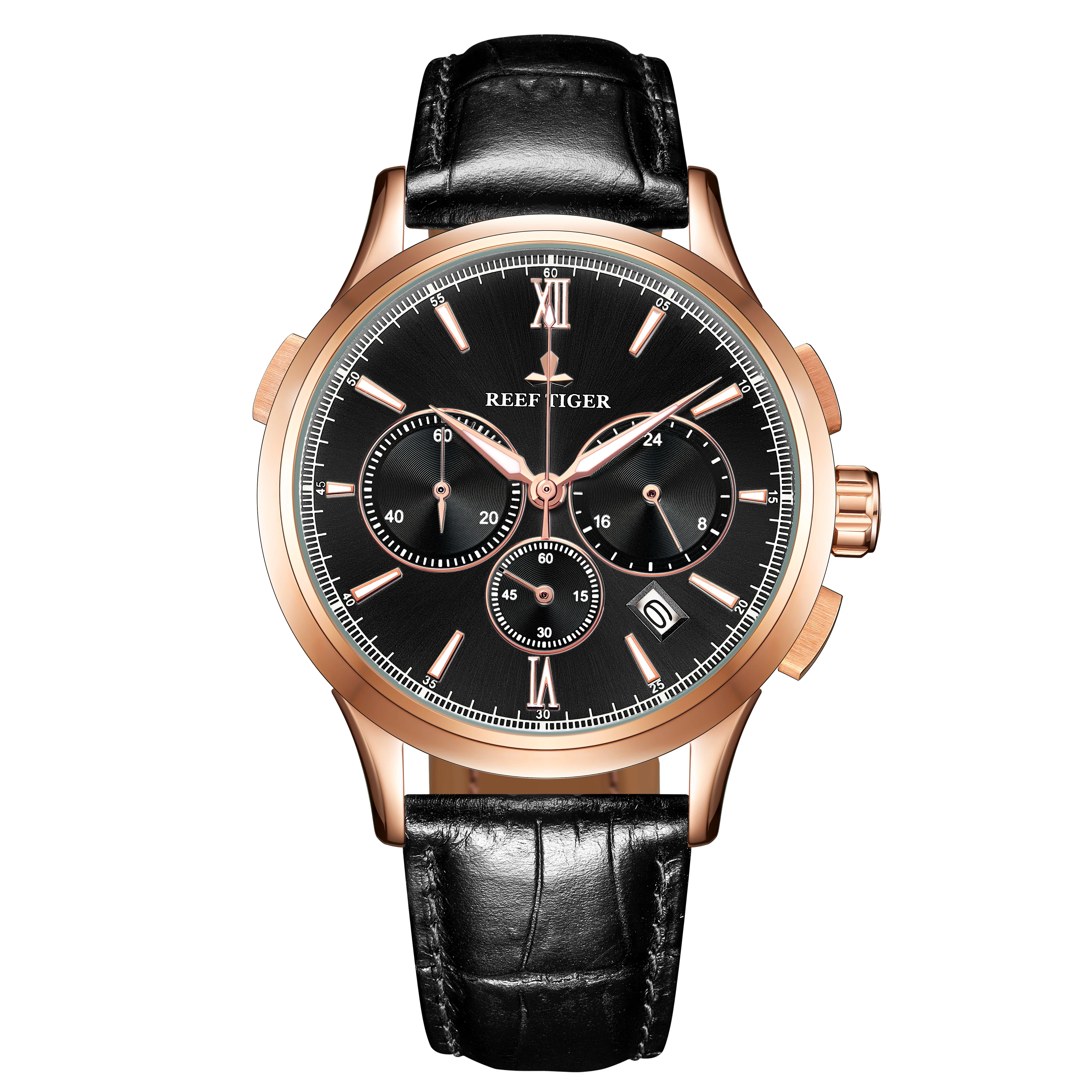 

Reef Tiger/RT Luxury Gold Watch With Chronograph Date Black Dial Genuine Leather Watch Luminous Quartz Watches RGA1669