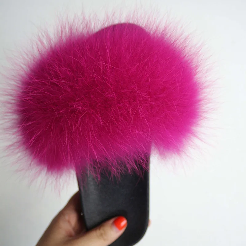 hotpink Тапочки с натуральным лисьим мехом для девочек; Детские домашние шлепанцы для малышей; милые шлепанцы на плоской подошве с мехом енота для девочек; сезон лето; Детская домашняя обувь - Цвет: hotpink