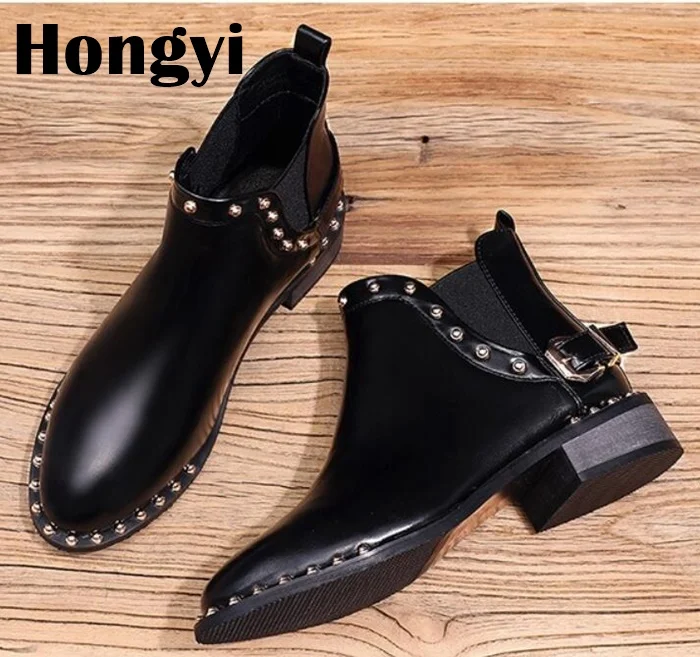 

Fashion Black Pu Leather Buckle Designer Rivet Winter Short Boots Women Slip On Sock Chelsea Boots Botas Mujer Plus Size