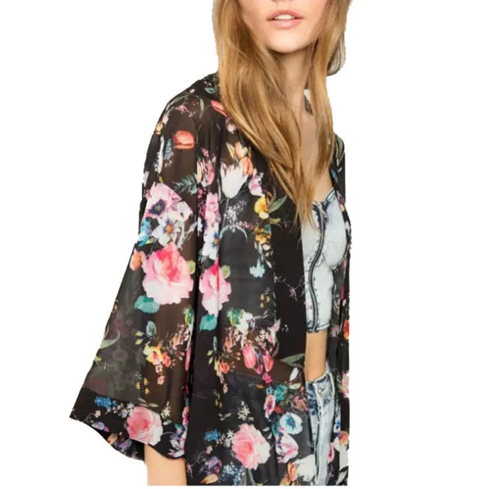 

Women Printed Chiffon Cardigan Tops Beach Cover up Blouse Summer Beach Dress Trim Bikini Swimsuit