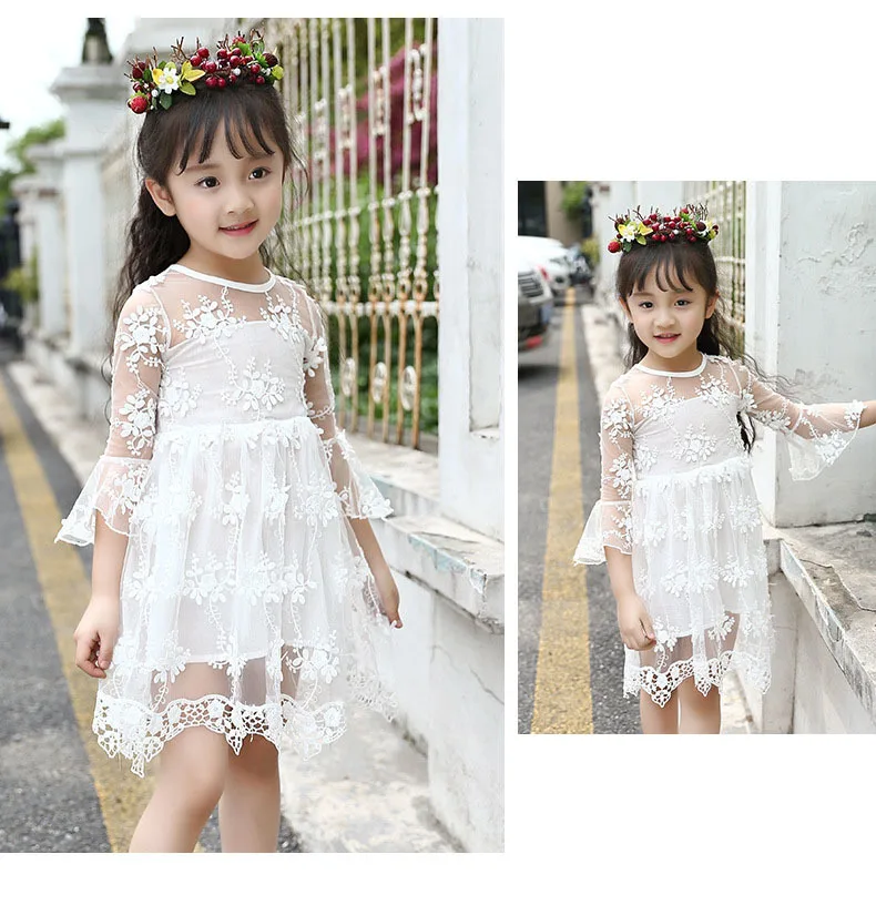 lace crochet flowers baby big girls summer dress Children clothing for 2 4 6 8 10 12 11 13 years flare sleeve kids beautiful girls dresses 3 4 5 6 7 8 9 10 11 12 13 14 years big girls mid long wgite pink purple summer dress for kids girls  ( (10)