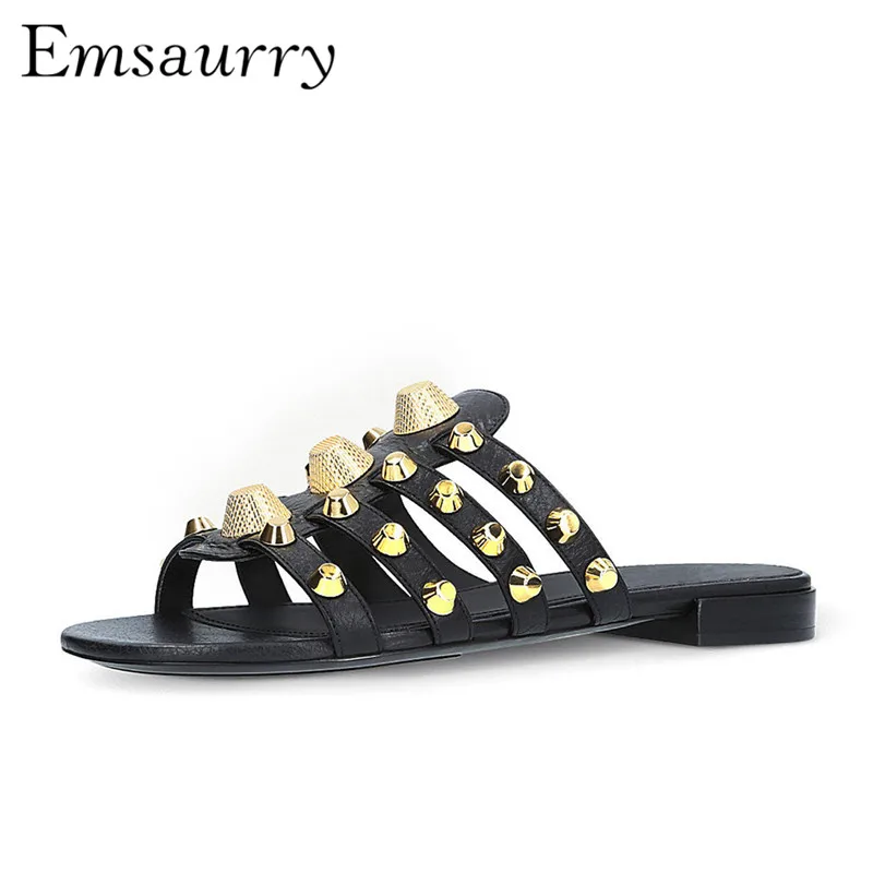 

Black Cut Out Flat Slides Open Toe Shallow Beach Holiday Shoes Gold Rivet Summer Slippers Women