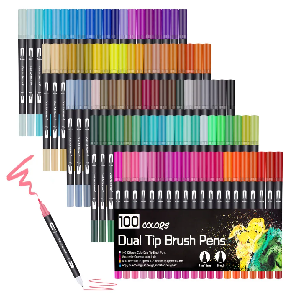 Offerte 100 Colori Acquerello Penna Della Spazzola 2 millimetri Punta del Pennello e 0.4mm Per Punta Fine A Doppia Punta Pennarelli Artistici per Adulti colorazione Disegno Pittura