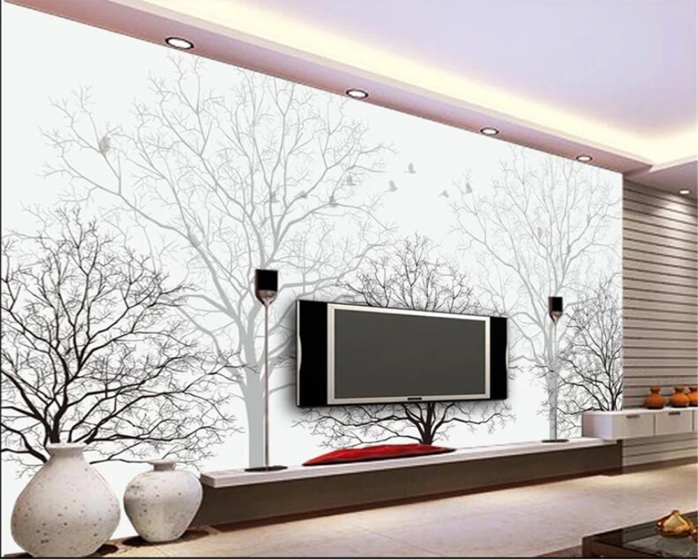 

Beibehang Custom Wallpaper Fantasy Black and white tree Birds Abstract Tree Trunk TV Background Wal wallpaper home decor