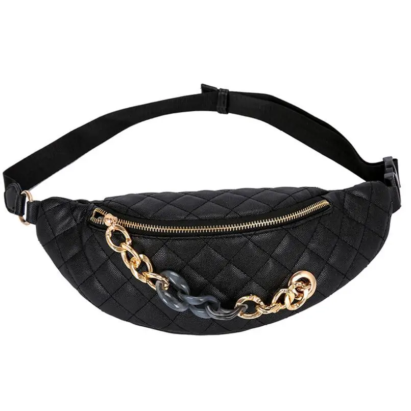 Женская модная поясная сумка на цепочке, Женская Повседневная кожаная нагрудная сумка, спортивная сумка на молнии, сумка на плечо, дорожная сумка с геометрическим ремнем - Цвет: Черный