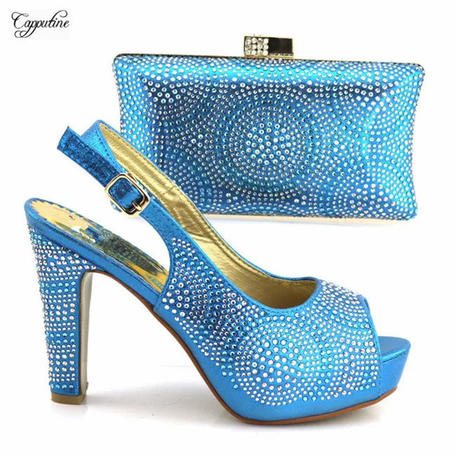 

New fashion sky blue pumps shoes and handbag set with rhinestones for fashion lady 1719-2 free shipping