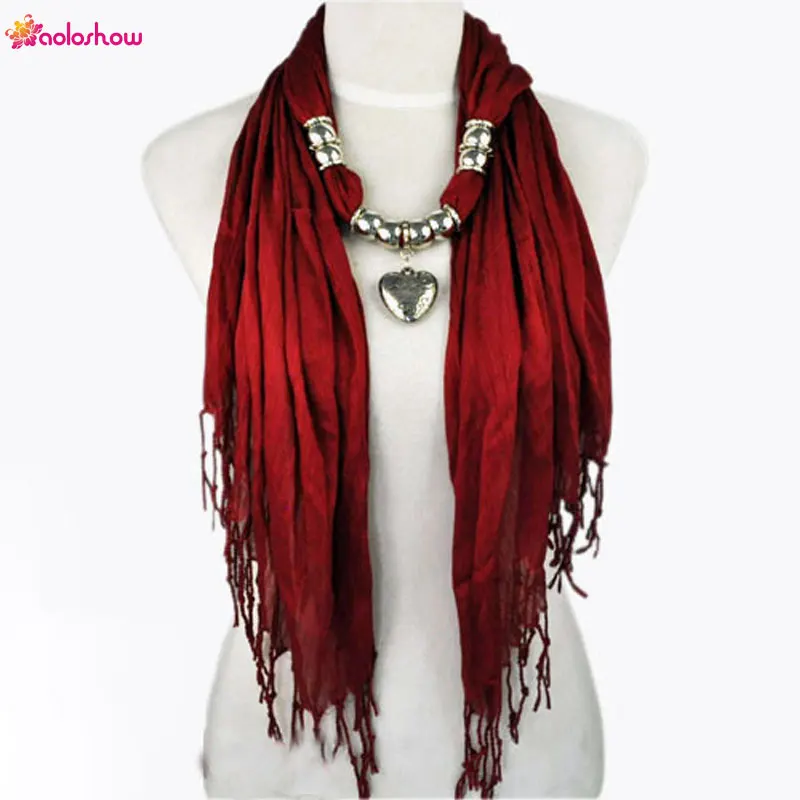 AOLOSHOW Women Scarf necklace with Silver Jewelry Heart bead charm...