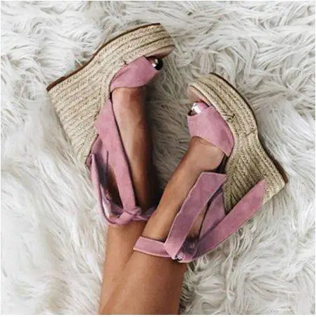 

Hot Selling Pink Black Suede Tie-up Wedge Sandals Cut-out Peep Toe Weave Braid High Platform Ladies Sandals Customized Drop Ship