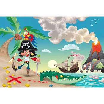 

Pirate Series Photography Background Volcano With Smoke Pirate With Parrot And Crocodile And Ship Backdrop For Boys Birthday