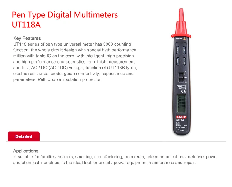 Uni-t Ручка Тип Цифровой мультиметр 3000 отсчетов UT118A UT118B AC DC Напряжение детектор сопротивление прибор для измерения емкости