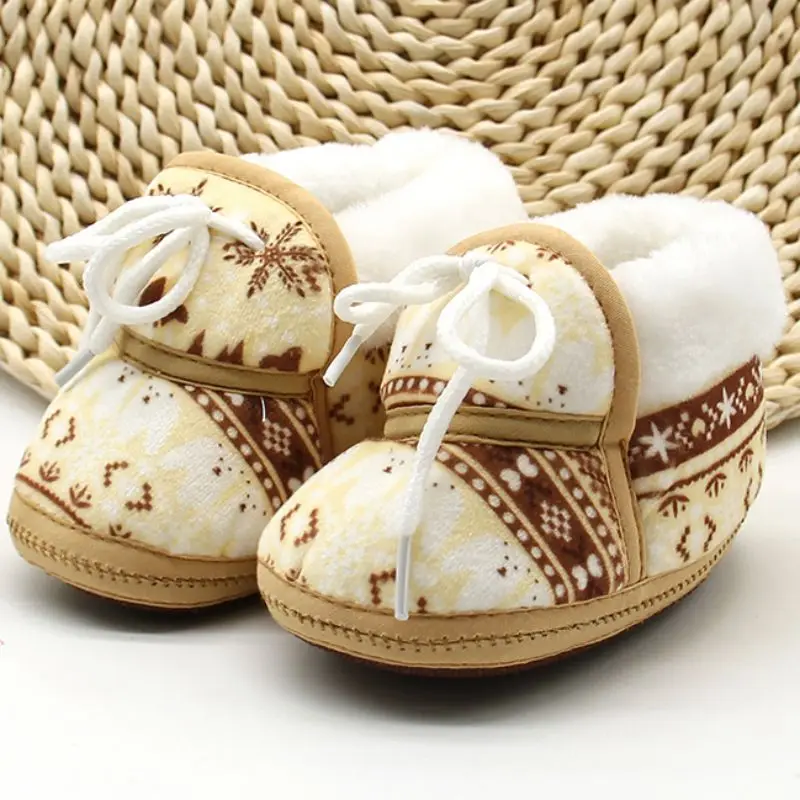 Cute Baby Shoes Spring Warm Soft Baby Retro Printing Shoes Cotton Padded Infant Baby Boys Girls Soft Boots 6-12M