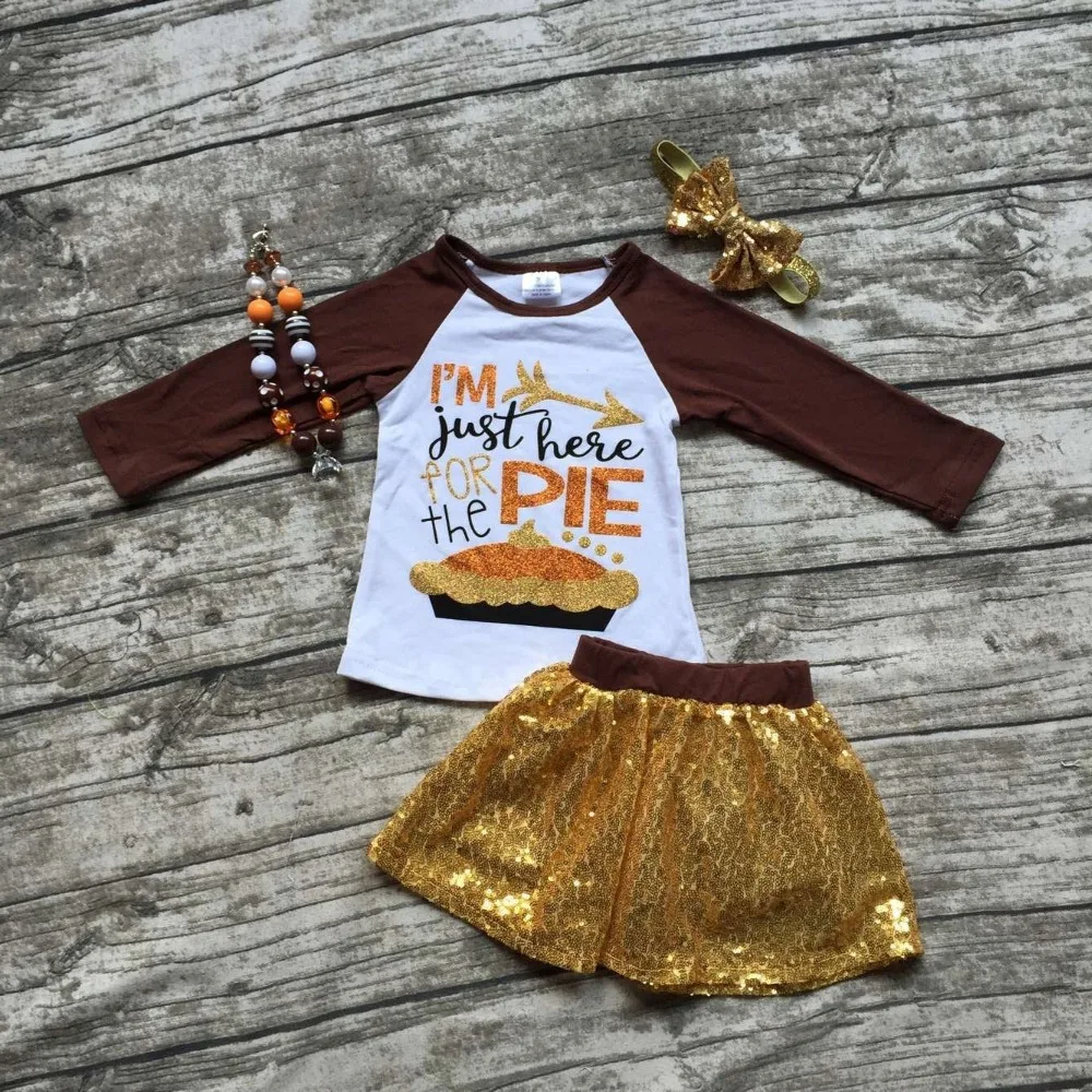 En Ligne Filles automne boutique vêtements filles Je suis juste ici pour la tarte vêtements filles top avec sequin jupes ensembles avec accessoreis