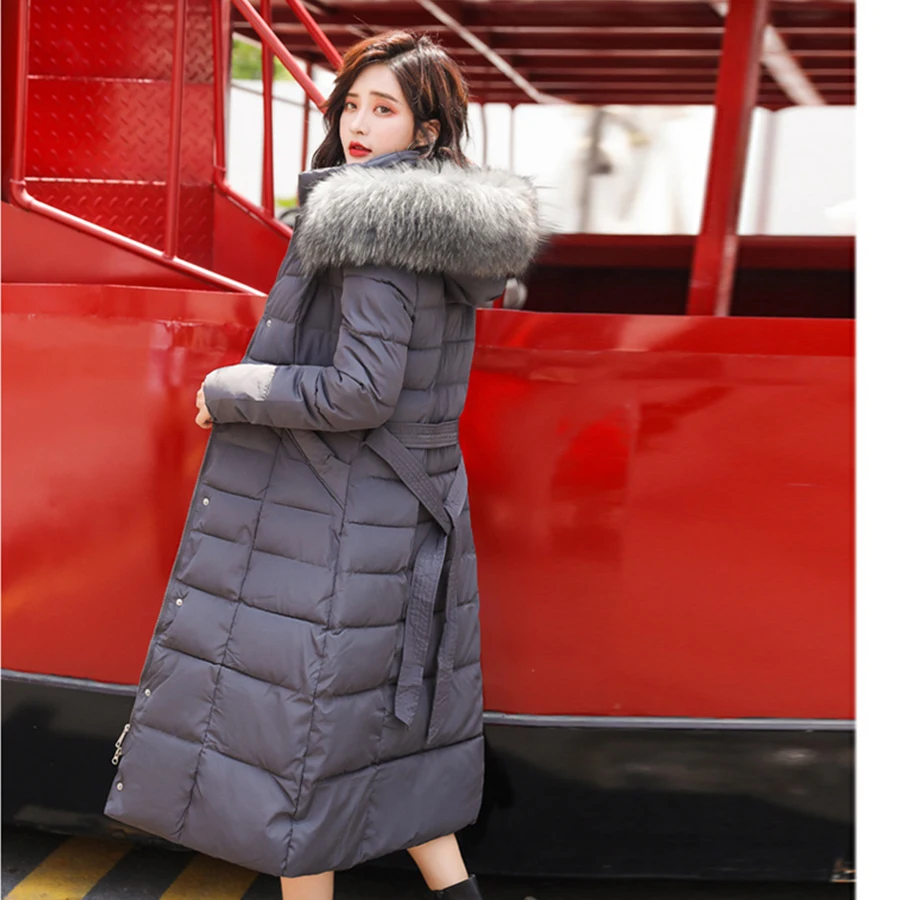 Women Long Thick Down Coats Warm Solid Color Fur Collar Waist Slim Womens Down Coat Zipper Full Fashion Casual Female New Style