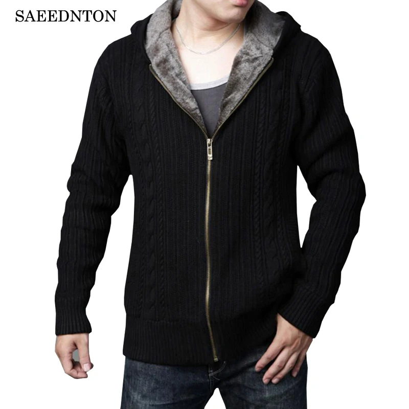 Fashion Men's Hooded Sweater Jacket Winter Mens Casual Wool Velvet