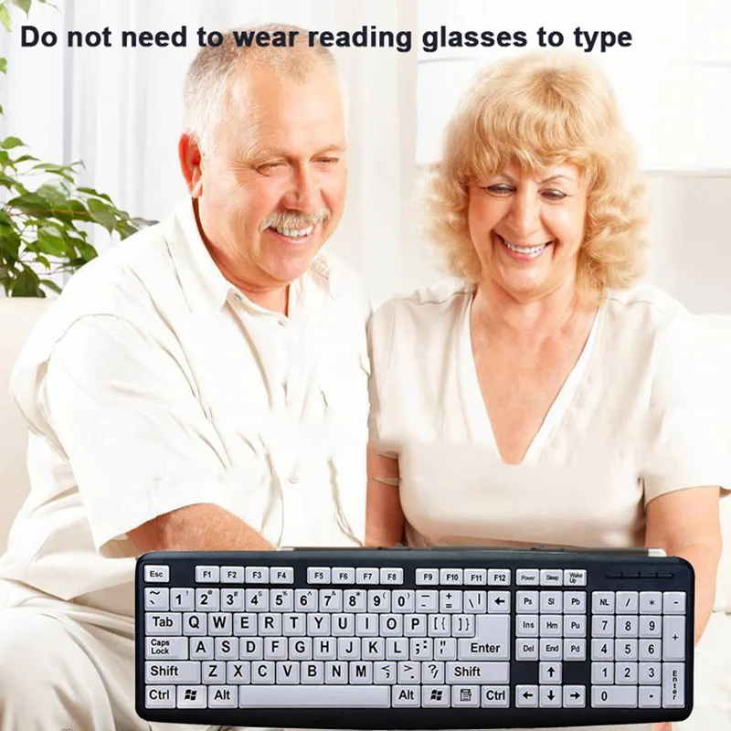 

USB Wired Keyboard for Low Vision Users with Large White Keys Black Letters for Old Men ND998