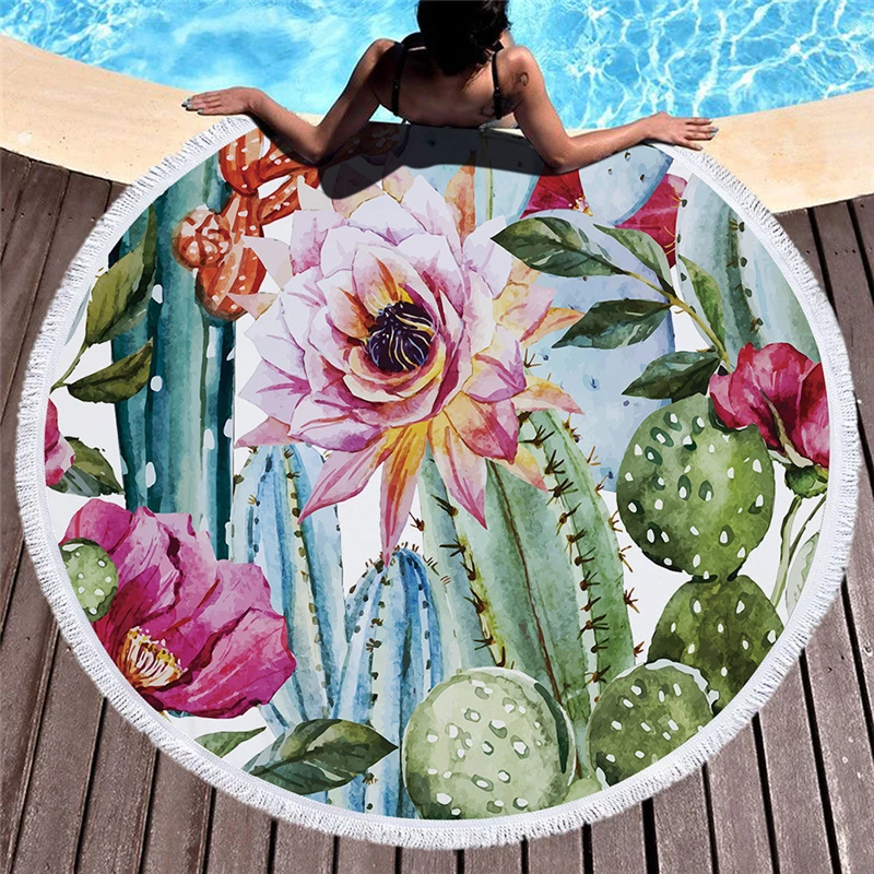 Casegrace Tropical Plant Towel Soft Bath Towel With Tassels Popular Hydrophil Round Beach Towel