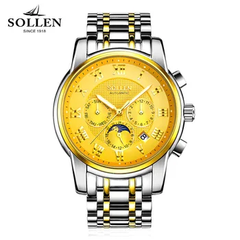 

Top Brand Fashion Luxury SOLLEN Mens Business Mechanical Watches Full Steel Waterproof Watch Men Moon phase Automatic Wristwatch