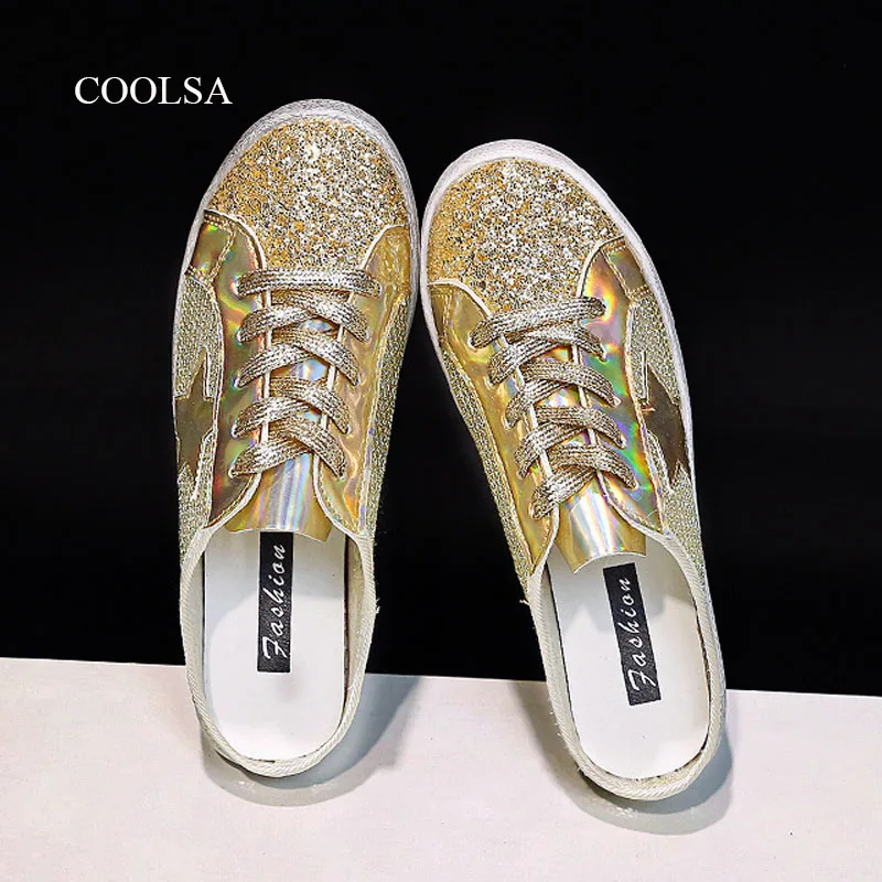 

COOLSA Ins Mesh Sequins Small Dirty Slippers Five-pointed Star PU Leisure Half Slides Breathable Covered Toe Flat Strap Shoes
