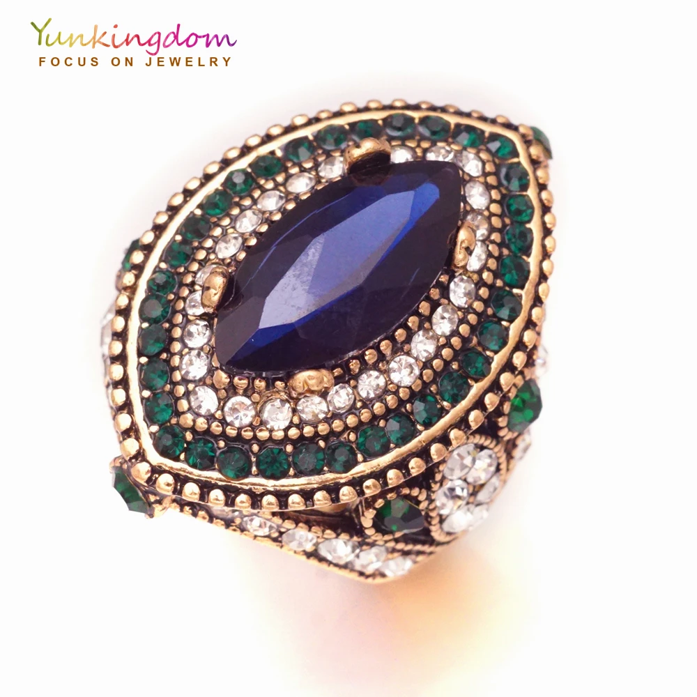 

Yunkingdom Vintage ethnic big ring luxury blue green crystal rhinestone ancient Silver jewelry rings for women LPK1894