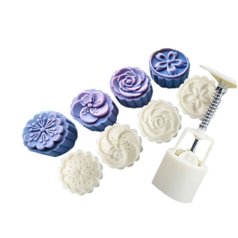 

4 Style Stamps 50g Round Flower Moon Cake Mold Mould White Set Mooncake Decor For For Mid-autumn Festival DIY Baking