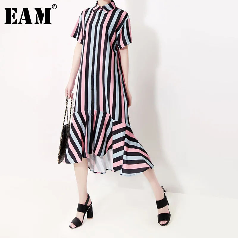 

[EAM] 2019 New Spring Autumn Lapel Short Sleeve Striped Printed Split Joint Loose Big Size Shirt Dress Women Fashion Tide JZ047