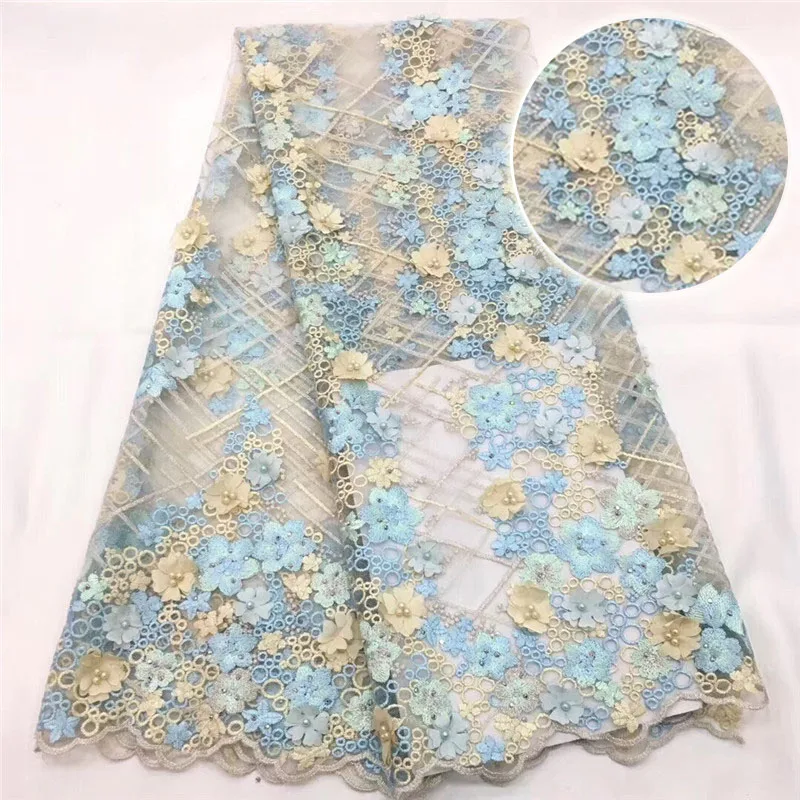 

Top Quality Beaded 3D Flower African Net lace fabric 5Yards New Coming Nigerian lace fabric For Wedding Dress HX1001-2