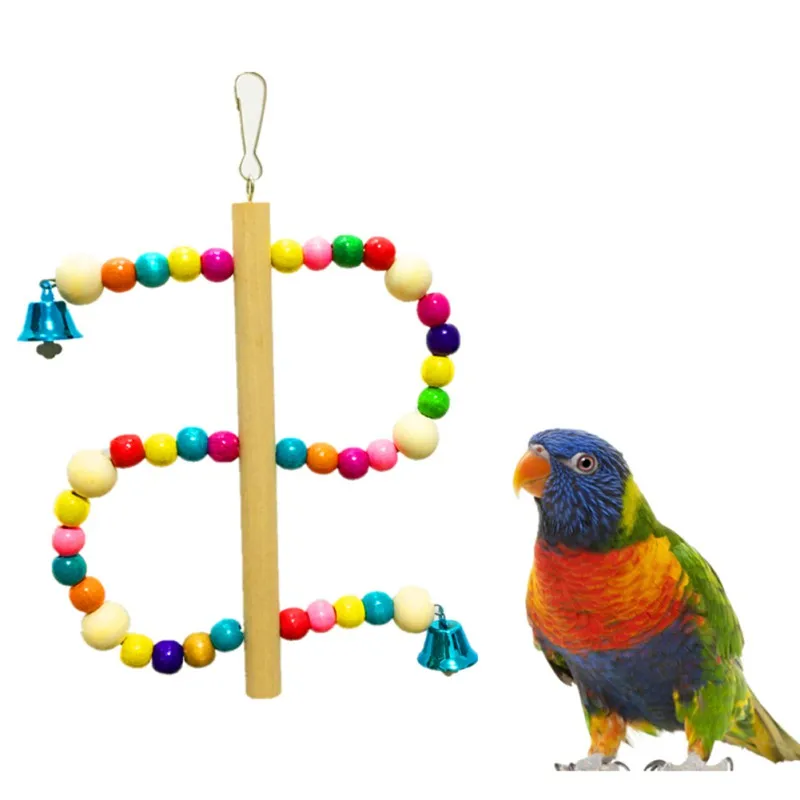 Красочные деревянные попугай птица игрушки для птичьего клюва восхождение жевательная игрушка Висячие качающийся колокол качели птица