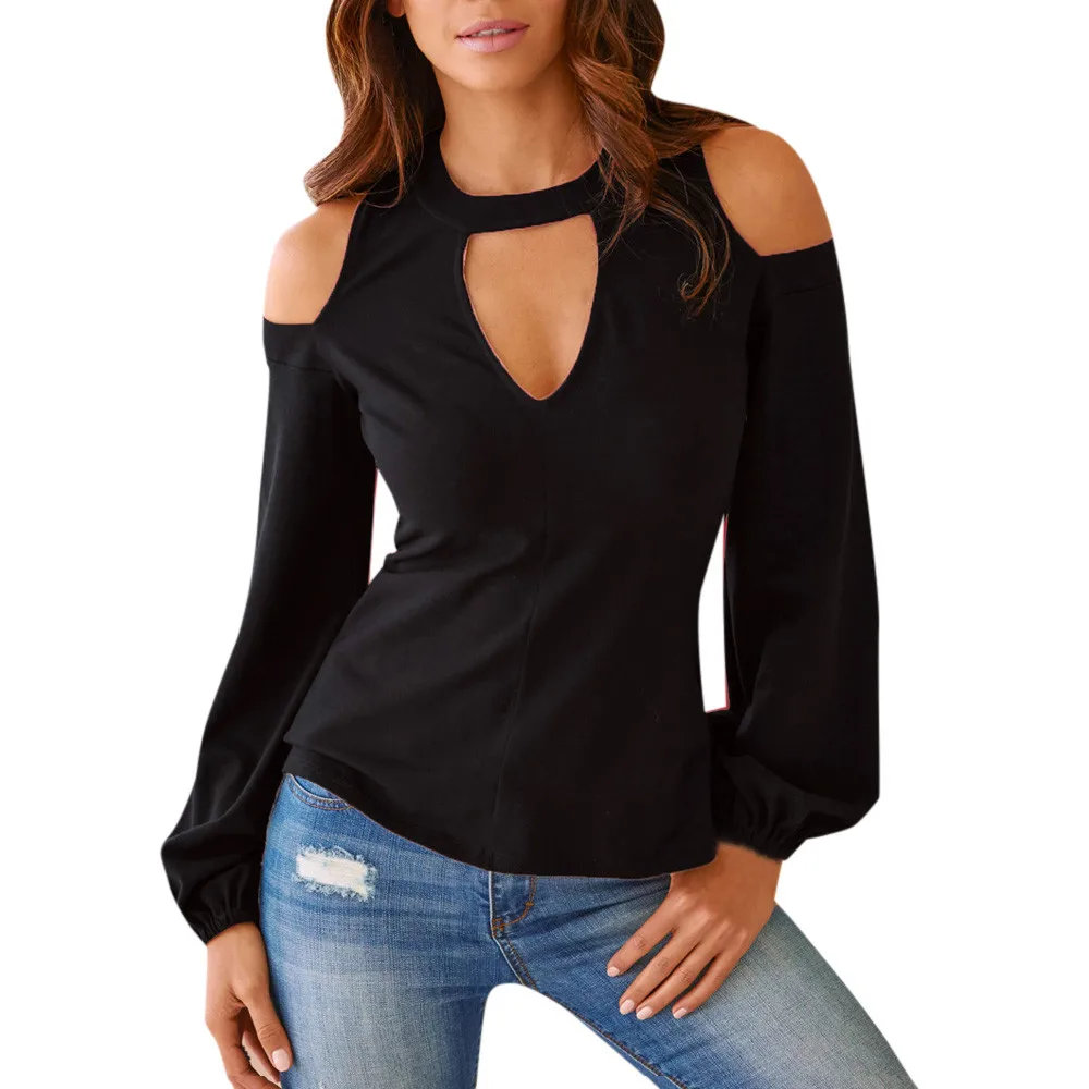 

T-shirt Women black tshirt Out Long Sleeve Slim Tops Sweat shirt Pullover Shirt off shoulder Hollow Fashion Top -30/5.5