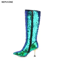 NEMAONE New bling women high heels bknee high boots winter warm dancing shoes woman ladies party dress shoes large size 42 43