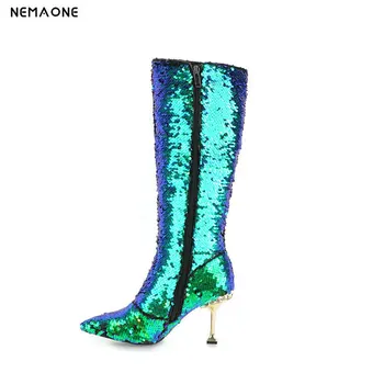 

NEMAONE New bling women high heels bknee high boots winter warm dancing shoes woman ladies party dress shoes large size 42 43