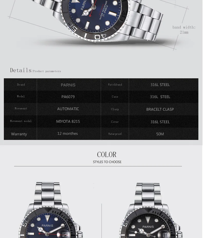 40 мм Parnis автоматические глубоководные серии часы мужские вращающиеся Керамические механические часы складной браслет с застежкой