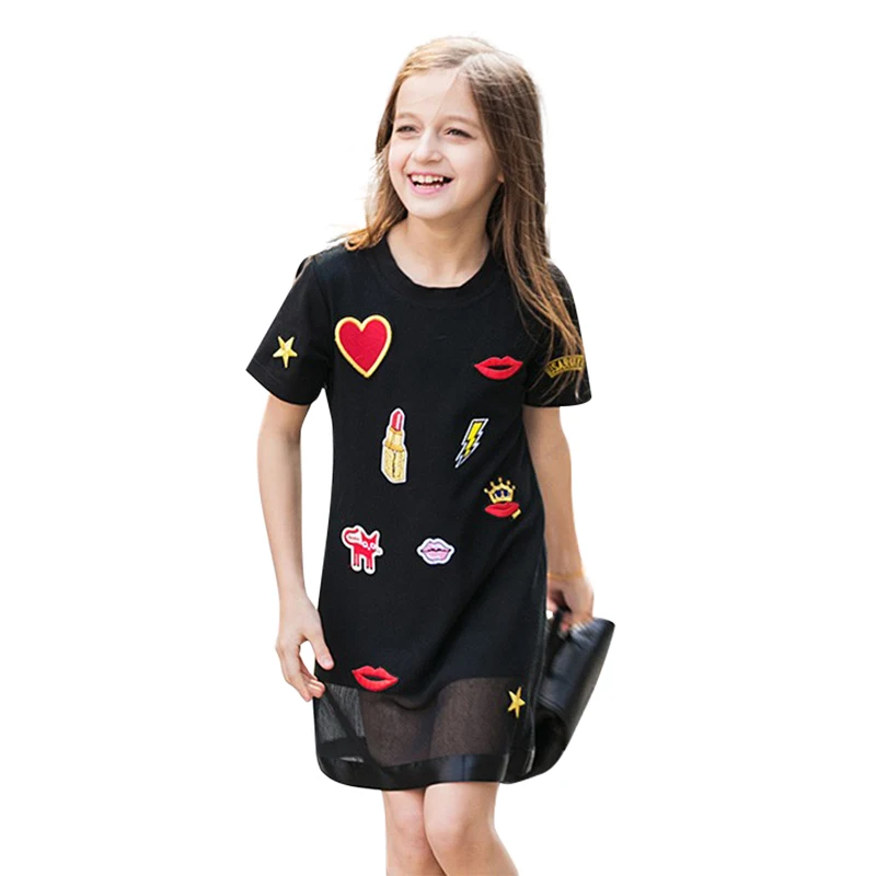 Детские платья для девочек, летние платья для маленьких девочек, черная одежда для девочек с аппликацией, От 6 до 14 лет одежда - Цвет: Black girl dress