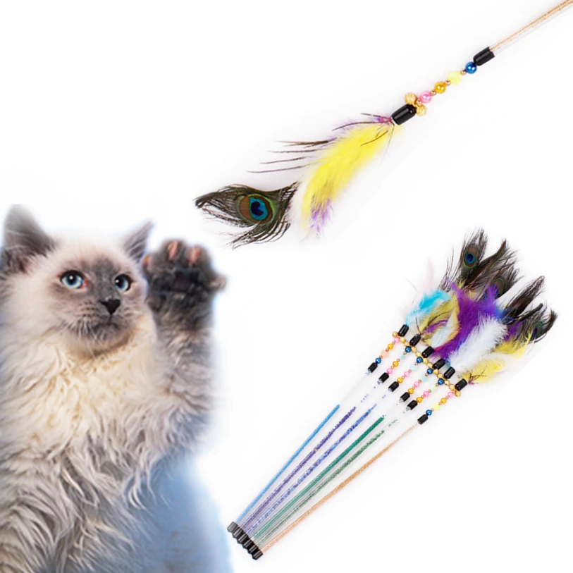 Pet Cat Teaser Kitten Jump Training Toy Peacock Feather Wand Cat Catcher Teaser Stick Cat Interactive Toys Wholesale noDC28