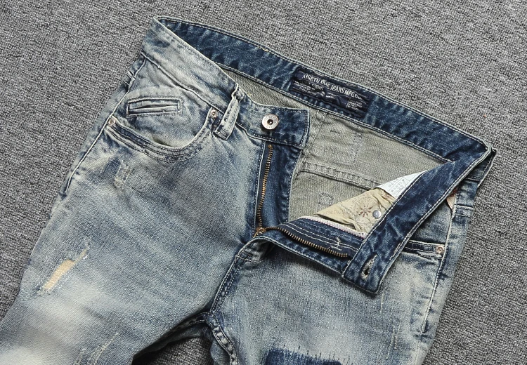 Винтажные Дизайнерские мужские джинсы высокого качества Slim Fit Светло-голубой цвет рваные джинсы для мужчин мода уличная хип-хоп джинсы homme