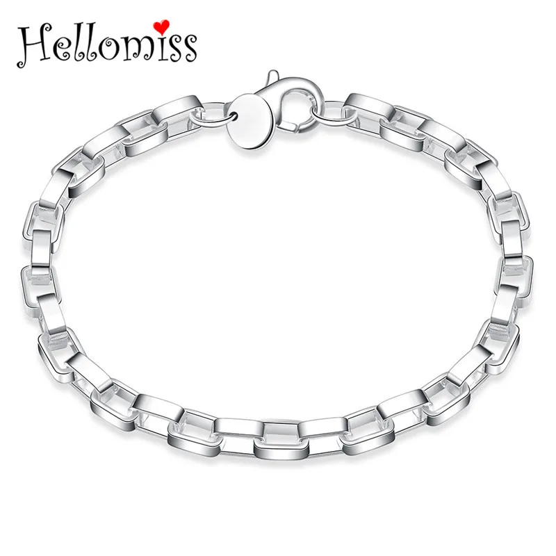 Серебро 925 браслеты для женщин и мужчин 4 мм коробка квадратный браслет с прямоуголными звеньями простой браслет бижутерия Bijoiux Pulseras