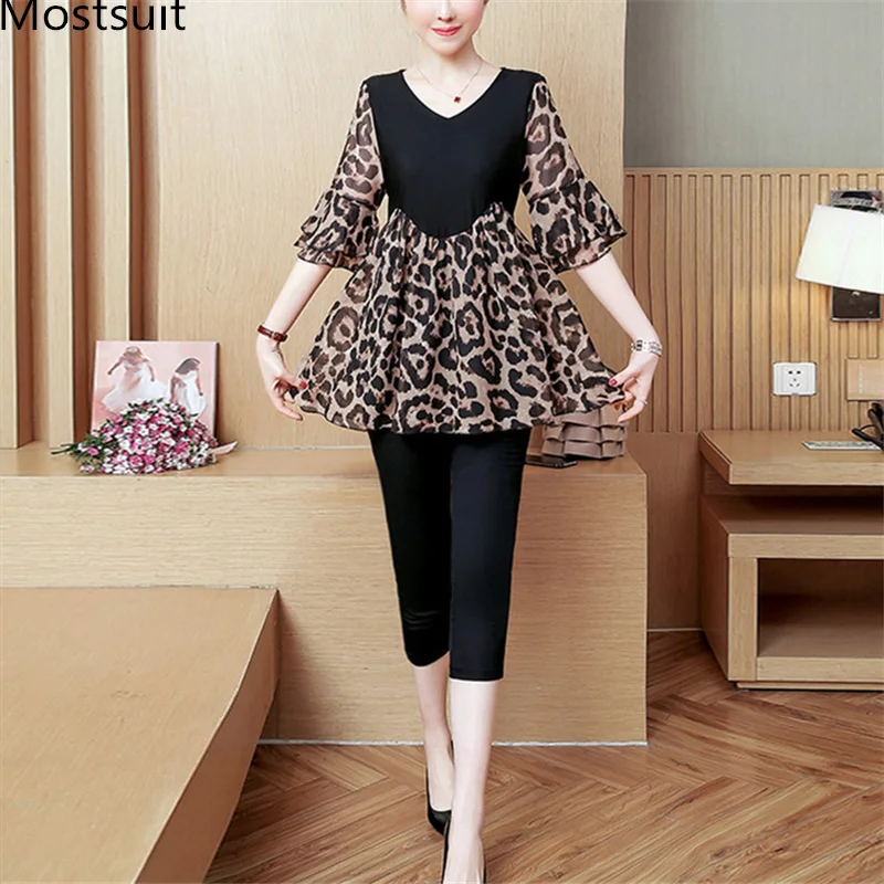 

Summer Black Leopard Printed Chiffon Two Piece Sets Women Casual Office Plus Size Flare Sleeve Blouse And Cropped Pants Suits