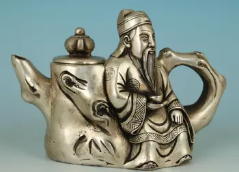 

Asian Chinese Old Copper Plating Silver Buddha Wine God Teapot Statue