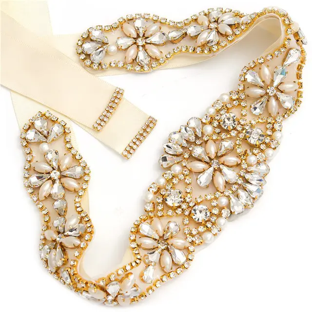 MissRDress Wedding Rhinestones Bridals Belt Pearls Crystal Bridal Belt Jeweled Bridal Sash For Wedding Dresses Pearl Belts JK806 Gold---ivory