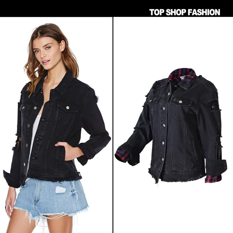 Женская ветровка черная с дырками на весну и осень|denim jackets ladies|bomber womenbomber coat |