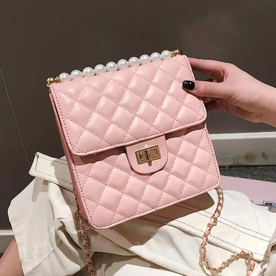 

Luxury Brand Ladies Square bag 2019 Fashion New Quality PU Leather Women's Designer Handbag Pearl Chain Shoulder Messenger bags