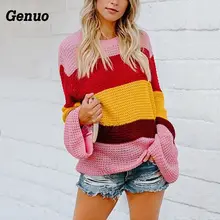 Color Block Women Sweaters Rainbow Striped Patchwork Oversized Pullover Casual Long Knitted Cape Tops Loose Femme Sueter Mujer casual striped color block dress