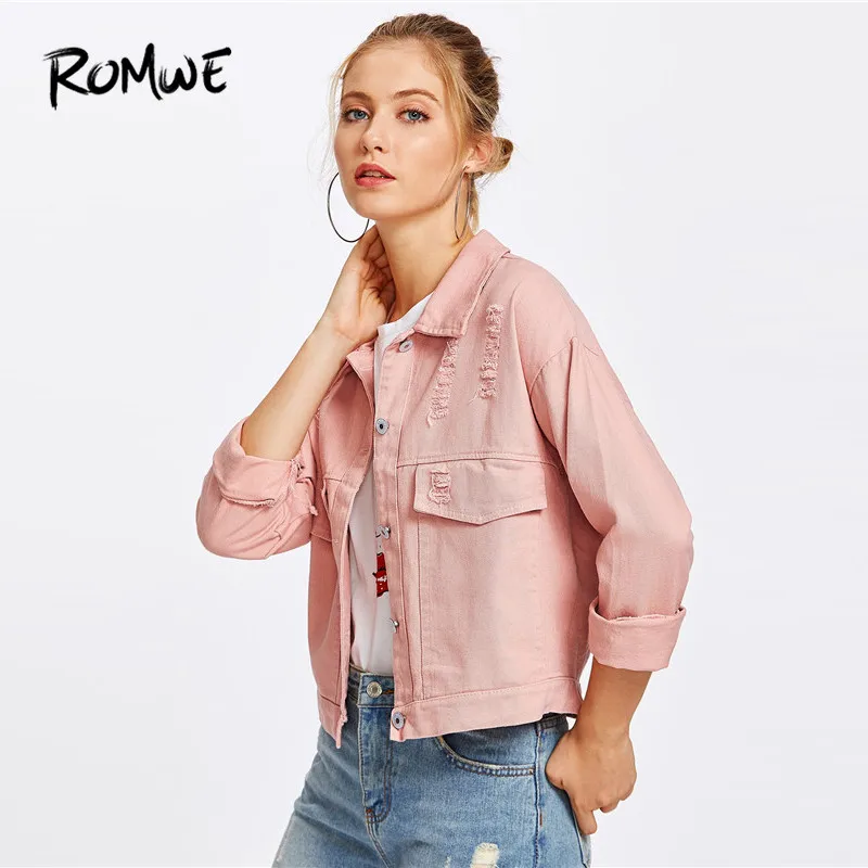 ROMWE Pink Single Breasted Ripped Denim Jacket Women Lapel Jean Jackets 2018 Casual Long Sleeve Street Jacket